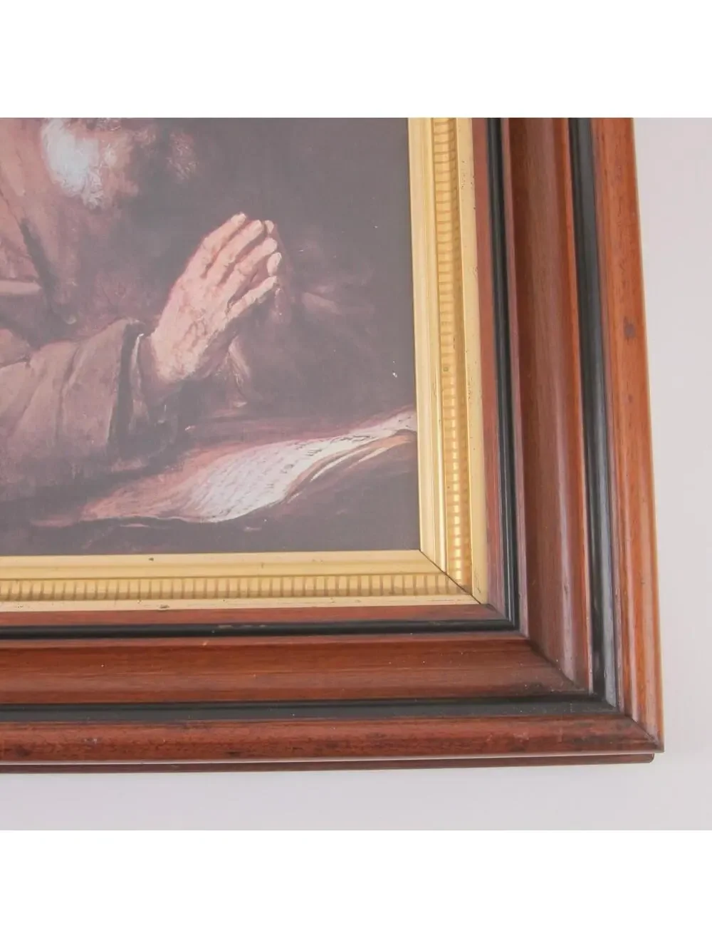 Antique Victorian Deep Picture Frame Walnut Wood Gold Gilt Old Man Praying Print
